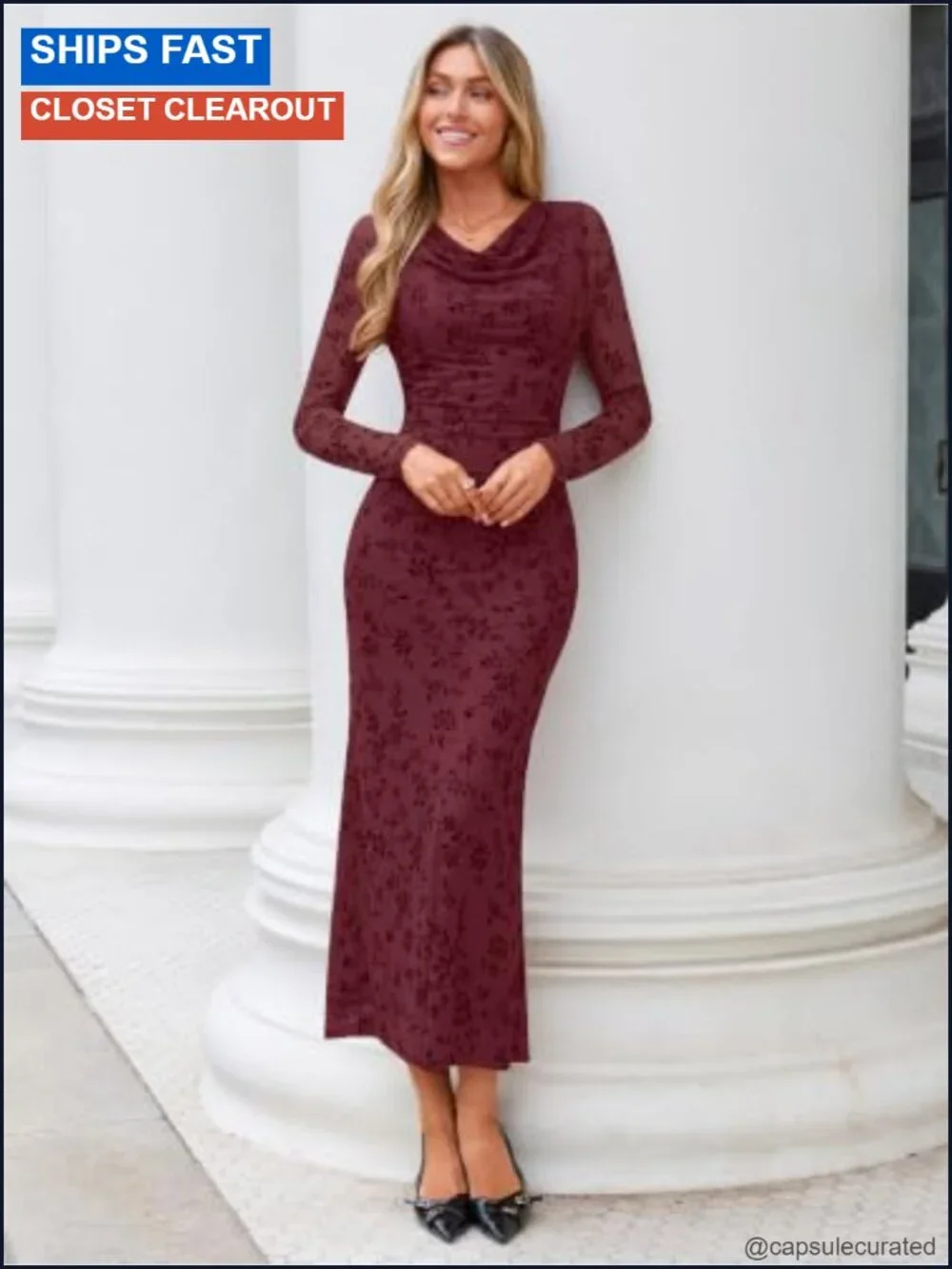 Long Sleeve Floral Bodycon Maxi Dress Cowl Neck Ruched Wedding Guest